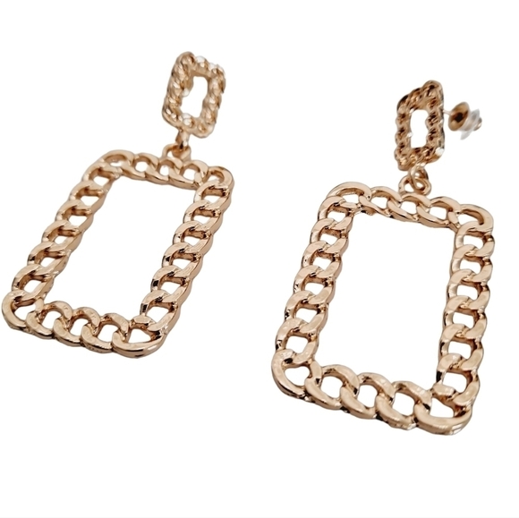 Gold Statement Earrings Metallic chunky chain link‎ square Retro💖2/$30 - Picture 8 of 13